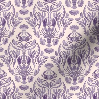 M - Crab and Lobster Damask Tonal Watercolor Lavender on Blush Cream