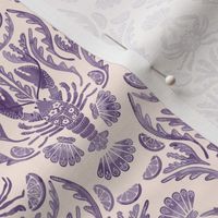 M - Crab and Lobster Damask Tonal Watercolor Lavender on Blush Cream