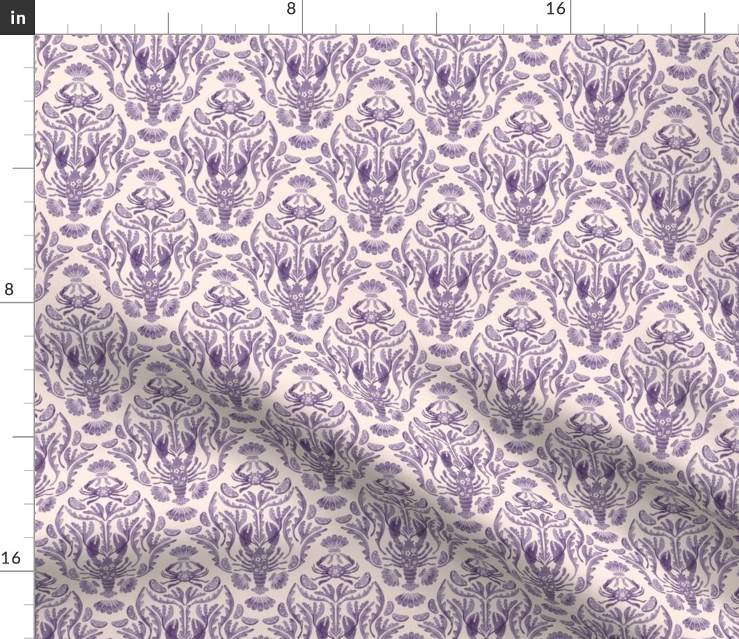 M - Crab and Lobster Damask Tonal Watercolor Lavender on Blush Cream