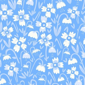 M| Midnight Garden: White Florals baby blue stalks on Light Cornflower Blue