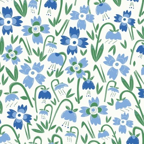 M| Midnight Garden: bay blue and cerulean Florals on white