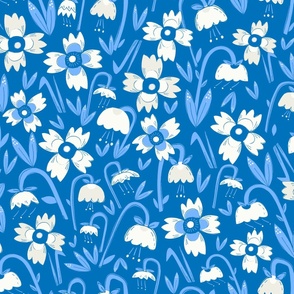 M| Midnight Garden: White Florals cerulean stalks on Azure blue