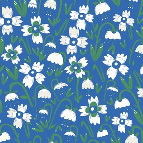 M| Midnight Garden: White  Florals lush green stalks on Cerulean blue