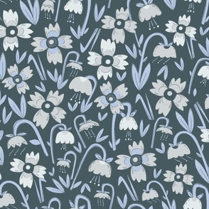 M| Midnight Garden: Light Grey Florals on Dark blue