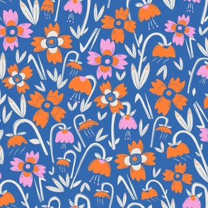 M|Midnight Garden: Orange and pink Florals on Marine blue