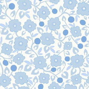 M| Indian Blossom: Traditional Dusty Blue Florals and blue Nova berries on White