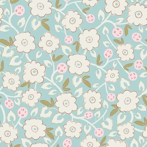 M| Indian Blossom: Traditional White Florals and Teacup rose berries on Aquamarine Light