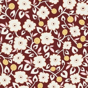 M| Indian Blossom: Traditional Beige Florals and Honeybee berries on Auburn