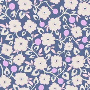 M| Indian Blossom: Traditional White Florals and Amethyst berries on Denim Blue
