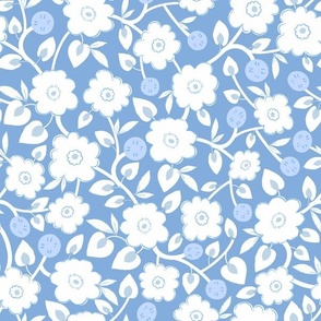M| Indian Blossom: Traditional White Florals and baby blue berries on Blue Nova