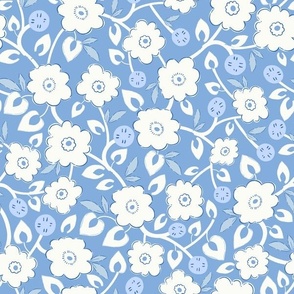 M| Indian Blossom: Traditional White Florals and baby blue berries on Cerulean Blue
