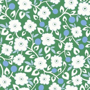 M| Indian Blossom: Traditional White Florals and blue berries on Lush Green