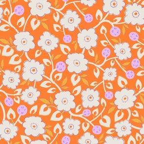 M| Indian Blossom: Traditional Pristine Florals and Amethyst berries on Orange