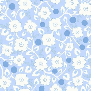 M| Indian Blossom: Traditional White Florals and blue Nova berries on Polar Sky