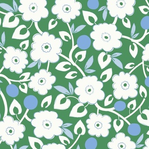 L| Indian Blossom: Traditional White Florals and blue berries on Lush Green