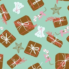 Mid Century Modern Christmas Presents, Bells, Crochet Angels, and Stars Toss - Mint Teal