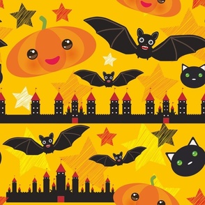 Halloween pattern With Castle, Pumpkin, stars, bats, Black cat, yellow orange red