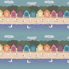 Rainbow Beach Huts and Seagulls - Small Scale