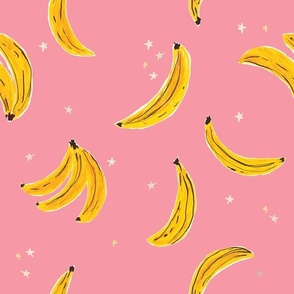 Watercolor Banana 12in - Falling Bananas On Bubblegum Pink Whimsical Fruit Fun Cute Colorful Food