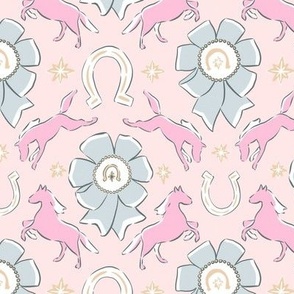 Equine Horse Ranch Ribbons and Horseshoe Equestrian Western Wild West pastel pink blue 6in large