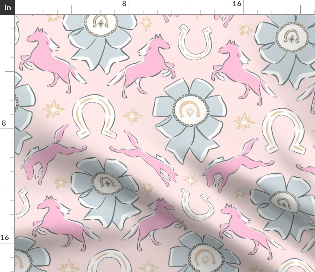 Equine Horse Ranch Ribbons and Horseshoe Equestrian Western Wild West pastel pink blue 12in JUMBO