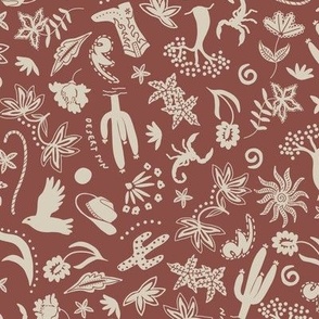 SMALL TRADITIONAL. WESTERN DESERT CHINTZ MOTIFS-COWBOY HAT-CACTUS-FLORAL-SCORPION-RUST RED-BEIGE OFF WHITE