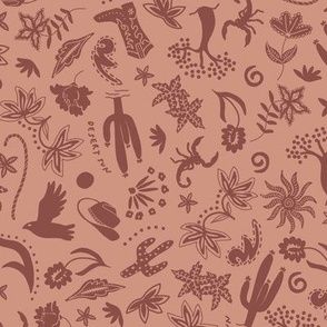 SMALL TRADITIONAL WESTERN DESERT CHINTZ MOTIFS-COWBOY HAT-CACTUS-FLORAL-SCORPION-SALMON PINK-RUST RED