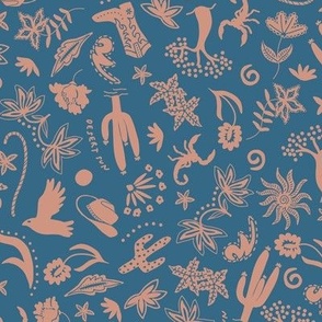 SMALL TRADITIONAL WESTERN DESERT CHINTZ MOTIFS-COWBOY HAT-CACTUS-FLORAL-SCORPION-COBALT BLUE-SALMON PINK