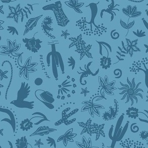 SMALL TRADITIONAL WESTERN DESERT CHINTZ MOTIFS-COWBOY HAT-CACTUS-FLORAL-SCORPION-TONAL COBALT BLUE-DENIM BLUE