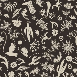 SMALL TRADITIONAL WESTERN DESERT CHINTZ MOTIFS-COWBOY HAT-CACTUS-FLORAL-SCORPION-EBONY BLACK-BEIGE OFF WHITE