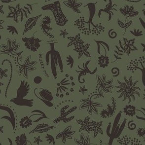 SMALL TRADITIONAL WESTERN DESERT CHINTZ MOTIFS-COWBOY HAT-CACTUS-FLORAL-SCORPION-EBONY BLACK-KHAKI OLIVE GREEN