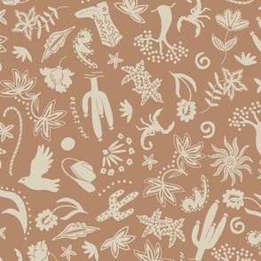 SMALL TRADITIONAL WESTERN DESERT CHINTZ MOTIFS-COWBOY HAT-CACTUS-FLORAL-SCORPION-PUCE PINK-BEIGE OFF WHITE