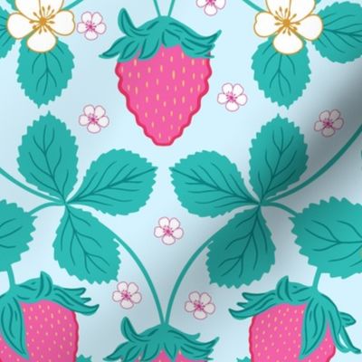 Strawberries, arts and crafts style strawberry and blossom in pink and turquoise green, large scale