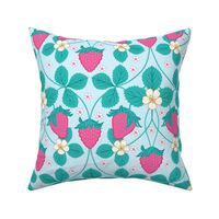 Strawberries, arts and crafts style strawberry and blossom in pink and turquoise green, large scale