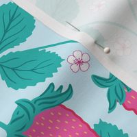 Strawberries, arts and crafts style strawberry and blossom in pink and turquoise green, large scale