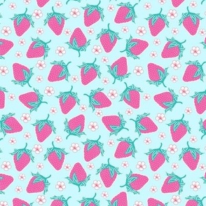 scattered strawberries and blossom in pink and turquoise, small scale