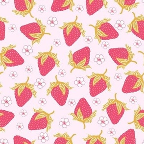 scattered strawberries and blossom in mustard and pink, large scale