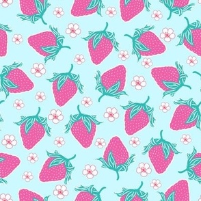 scattered strawberries and blossom in pink and turquoise, large scale