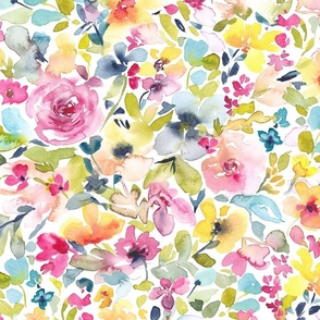 Vibrant watercolor summer flowers multicolor large scale