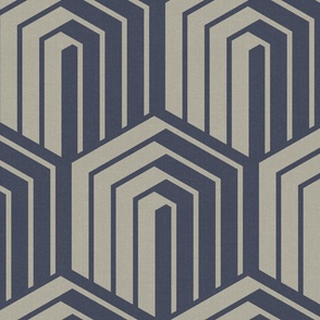 Optical illusion 3d isometric cubes with stripes (large) in navy blue and earthy taupe for simple minimalist, bold boho or classic luxurious interior
