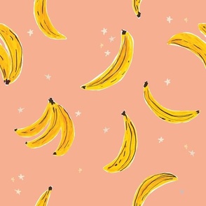 Watercolor Banana JUMBO - Falling Bananas On Peachy Pink Whimsical Fruit Fun Cute Colorful Food