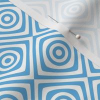 Light blue and white diagonal checkered pattern with concentric squares and circles.