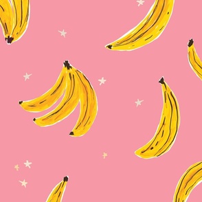 Watercolor Banana JUMBO - Falling Bananas On Bubblegum Pink Whimsical Fruit Fun Cute Colorful Food