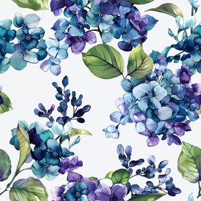Watercolor Hydrangea botanical XL Blue purple sage romantic floral on white