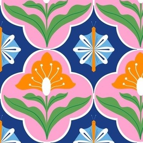 Retro tiles with floral and flutter in Pink and ultramarine 