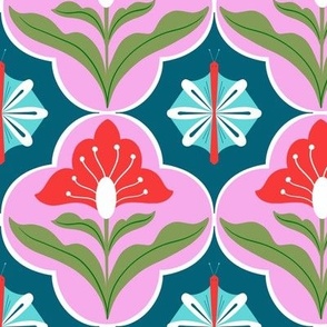 Retro tiles with floral and flutter in Pink and Green