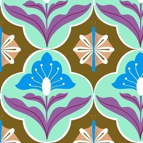 Retro tiles with floral and flutter in Turquoise and Brown
