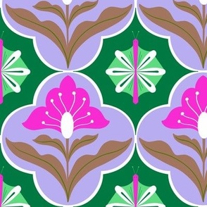 Retro tiles with floral and flutter in Purple and green