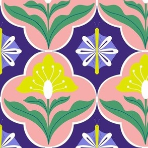 Retro tiles with floral and flutter in Peach and Dark lilac 