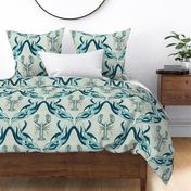 Underwater Habitat- Lobster Seaweed Damask- Nautical Crustacean Summer- Misty Turquoise Deep Sea Blue- Large Scale